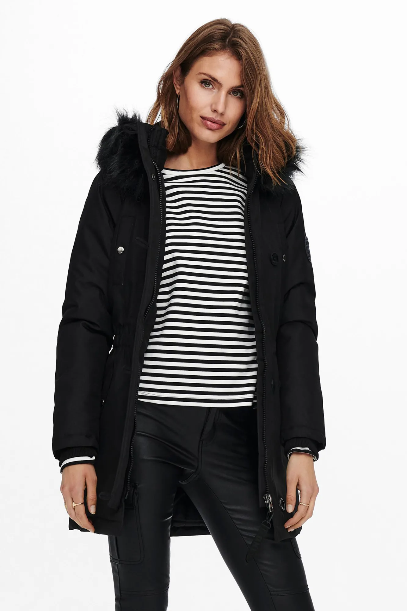 Only Abrigo Con Capucha De Pelo Negro Outlet