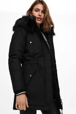Only Abrigo Con Capucha De Pelo Negro Outlet