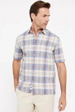 Cortefiel Camisa Cuadros Lino Algodon Manga Corta Azul Clearance