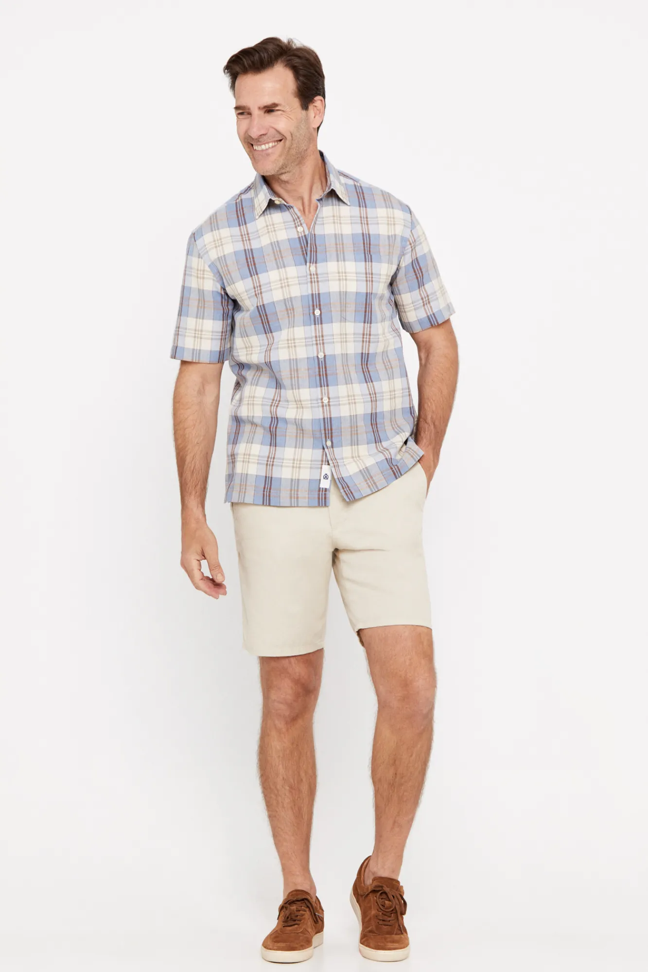 Cortefiel Camisa Cuadros Lino Algodon Manga Corta Azul Clearance
