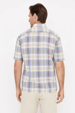 Cortefiel Camisa Cuadros Lino Algodon Manga Corta Azul Clearance