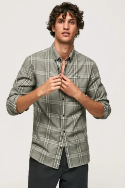 Pepe Jeans Camisa De Algodon De Cuadros Slim Fit Kaki Oscuro Discount