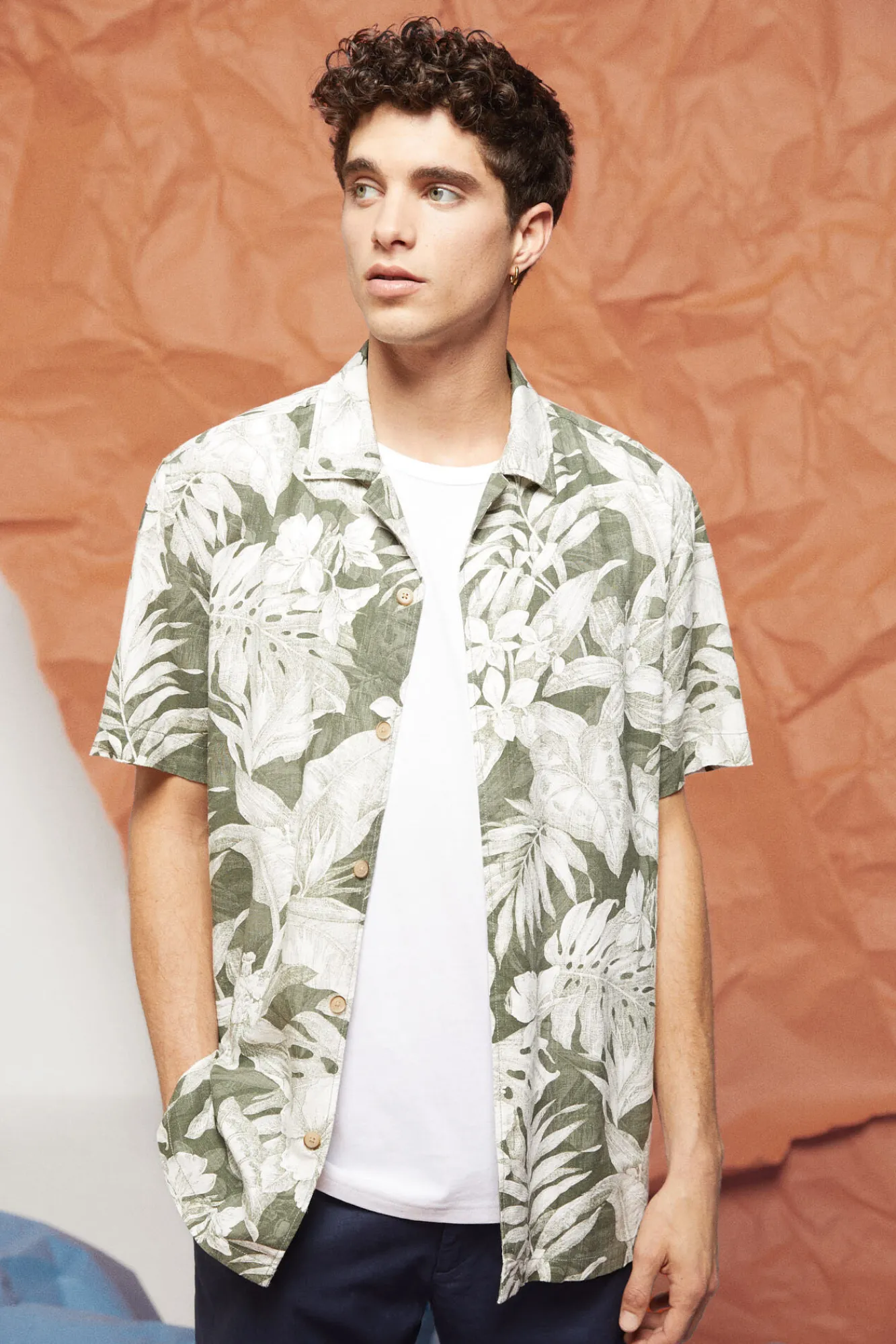 * Camisa Lino Estampada Gris Oscuro Clearance