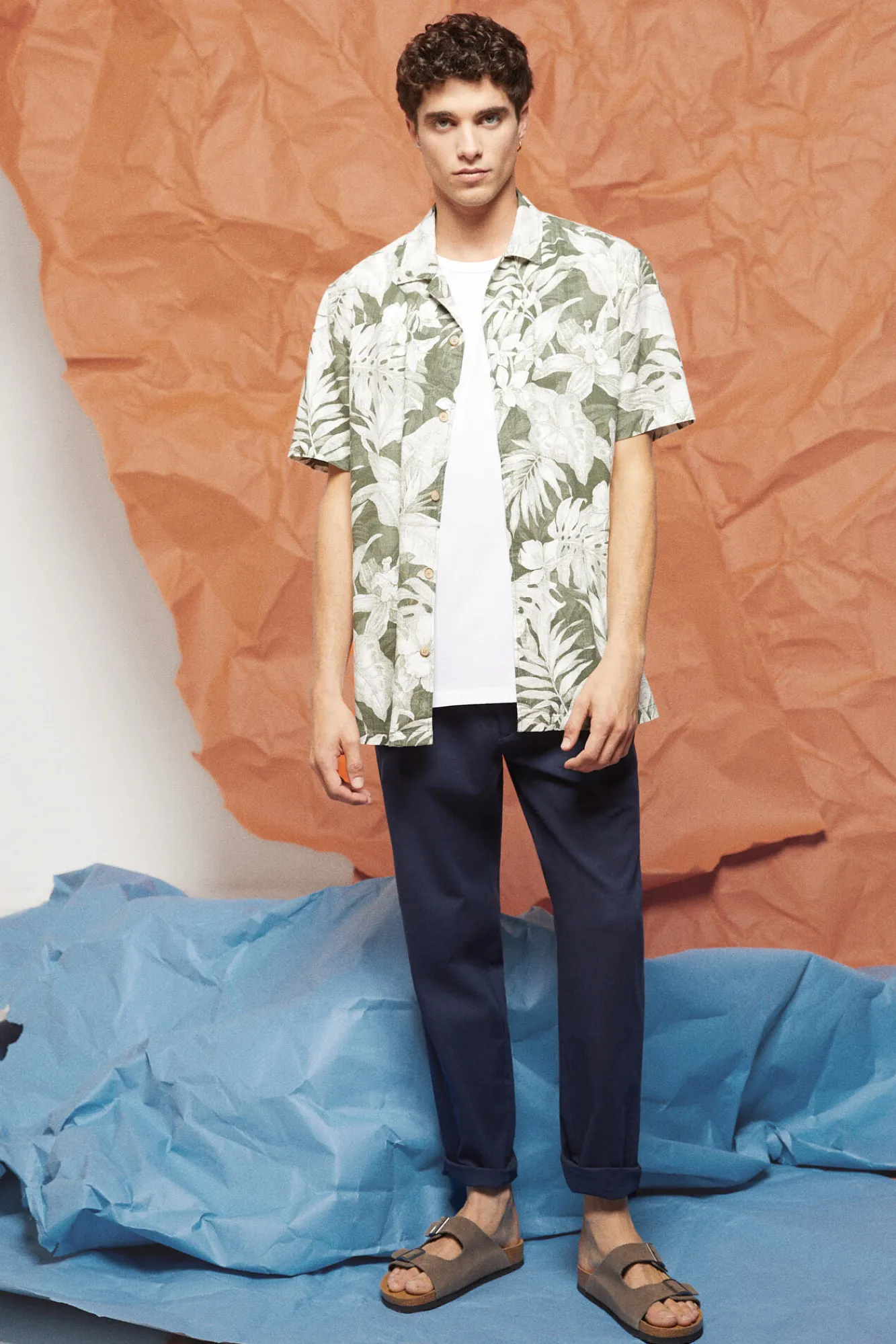 * Camisa Lino Estampada Gris Oscuro Clearance