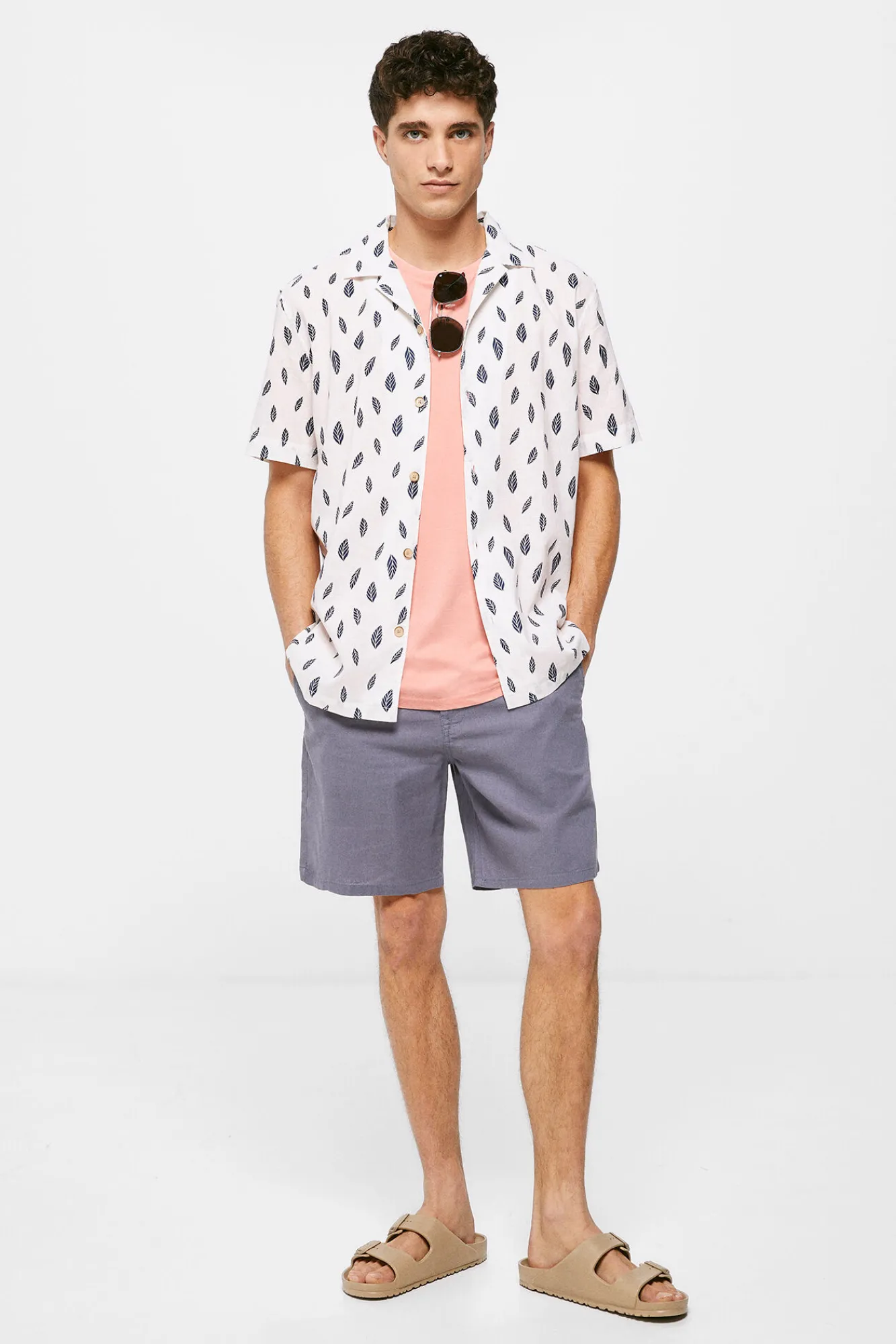 * Camisa Lino Estampada Azul Oscuro Sale