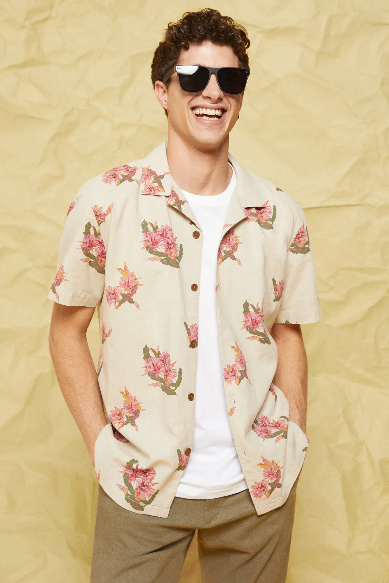 * Camisa Lino Mao Beige Medio New