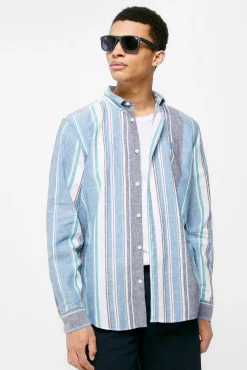 * Camisa Lino Rayas Azul Medio Discount