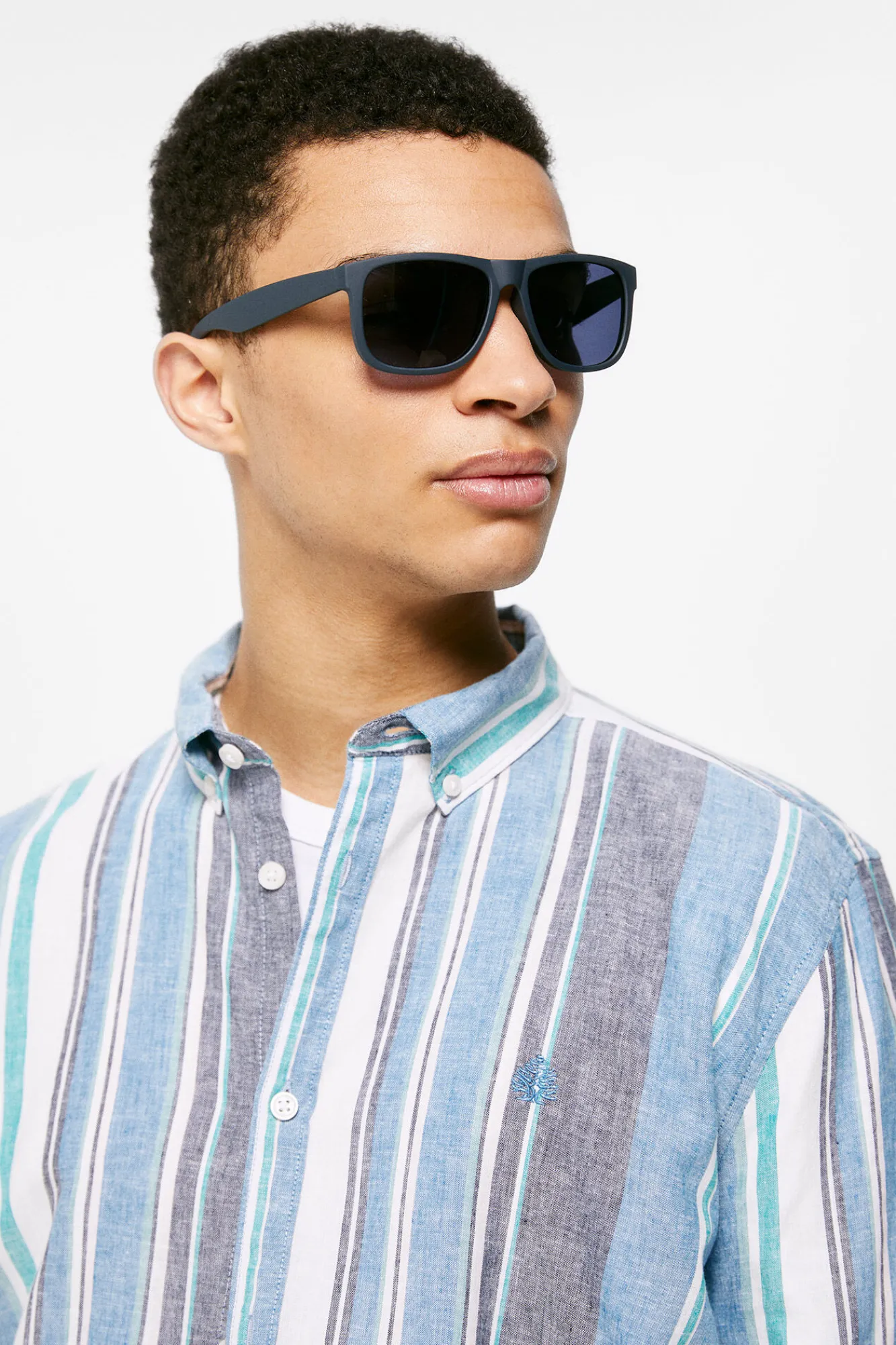 * Camisa Lino Rayas Azul Medio Discount