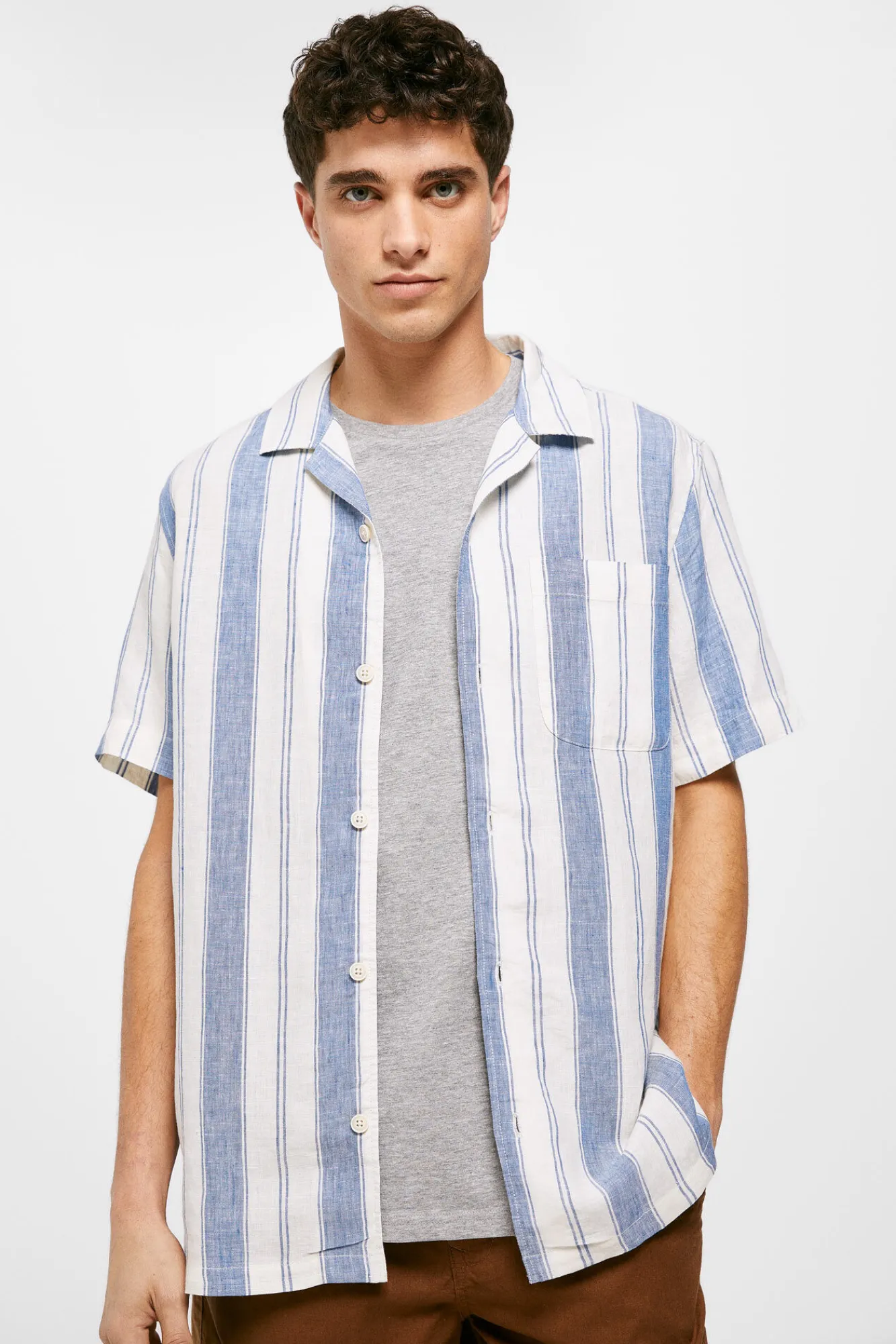 * Camisa Lino Rayas Azul Medio