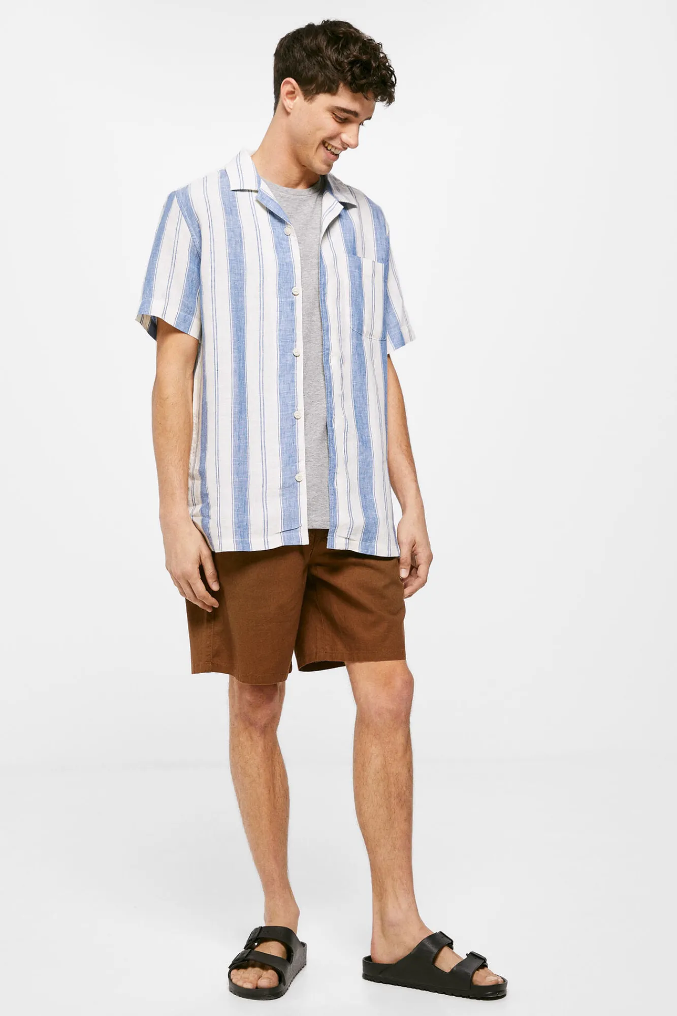 * Camisa Lino Rayas Azul Medio