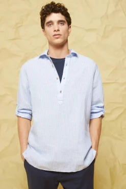 * Camisa Lino Rayas Azul Claro Clearance