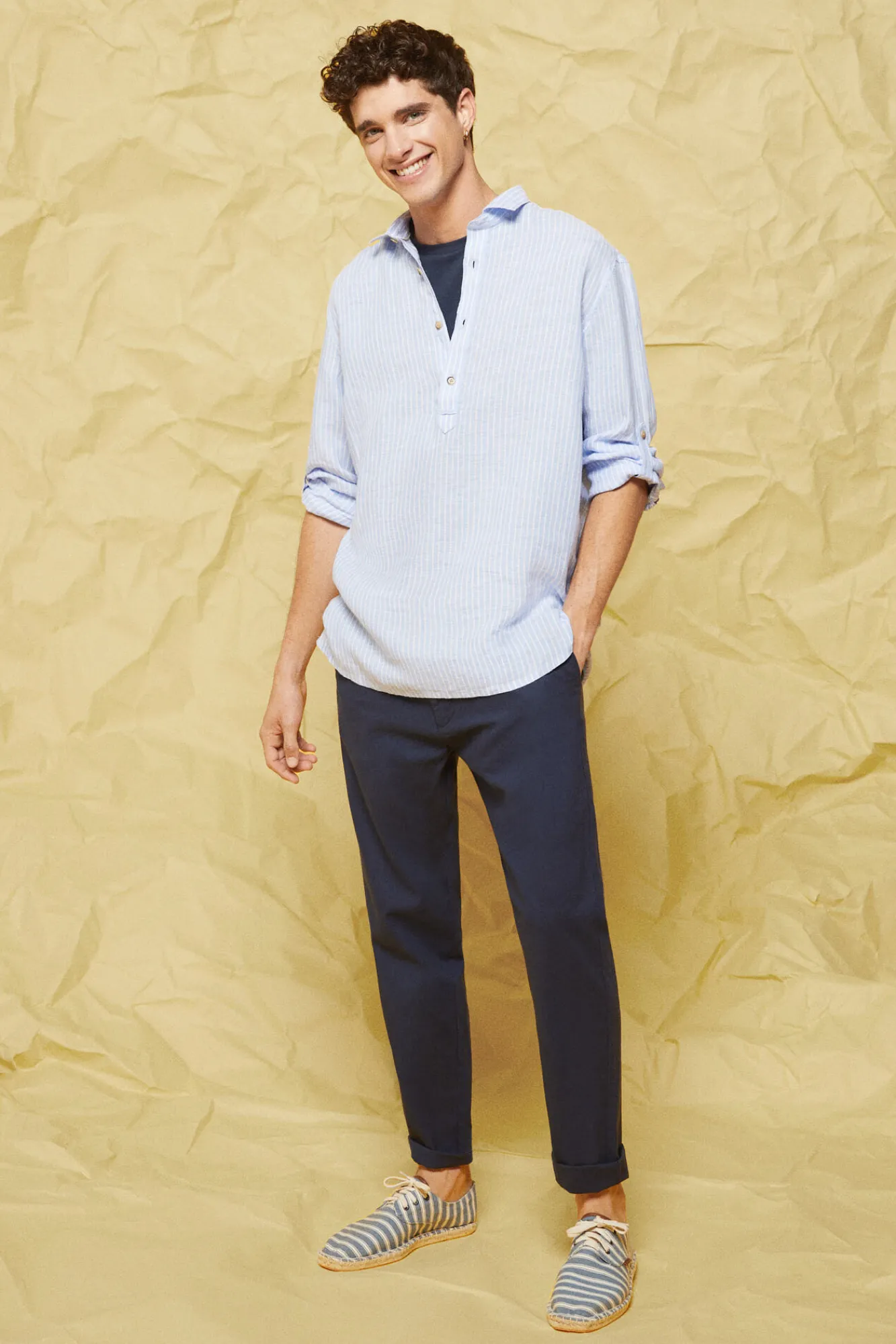 * Camisa Lino Rayas Azul Claro Clearance