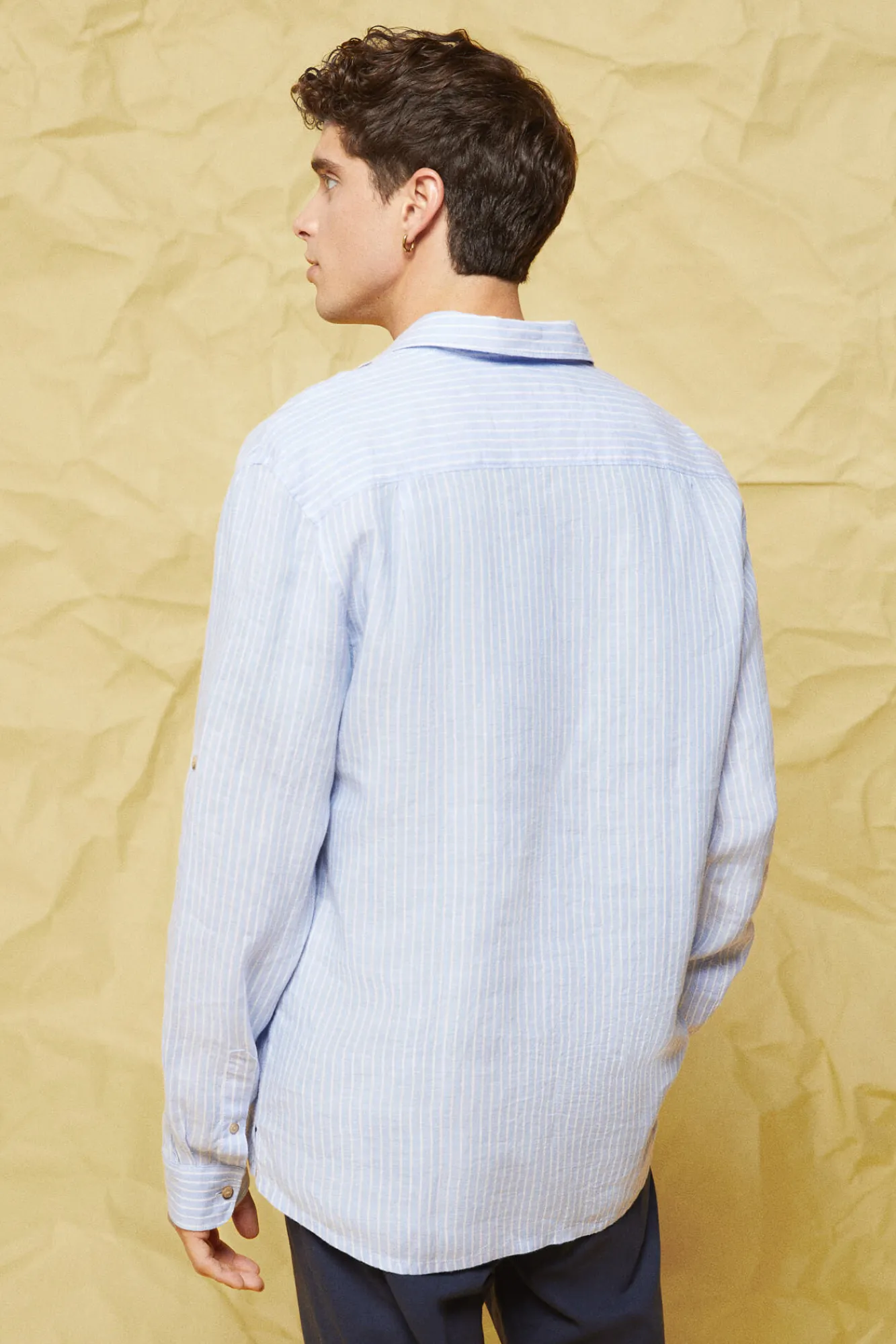 * Camisa Lino Rayas Azul Claro Clearance