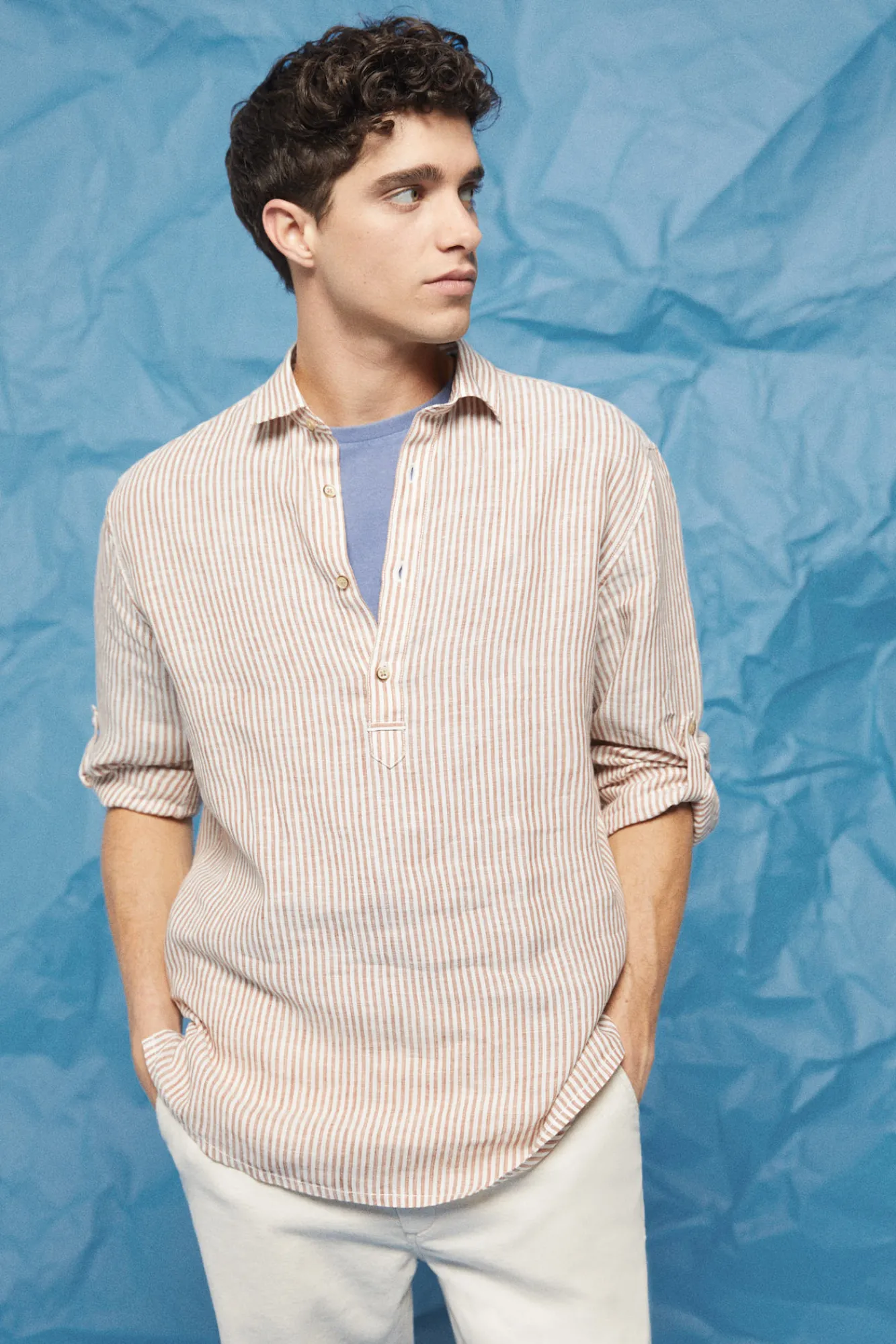* Camisa Lino Rayas Marron Medio Sale