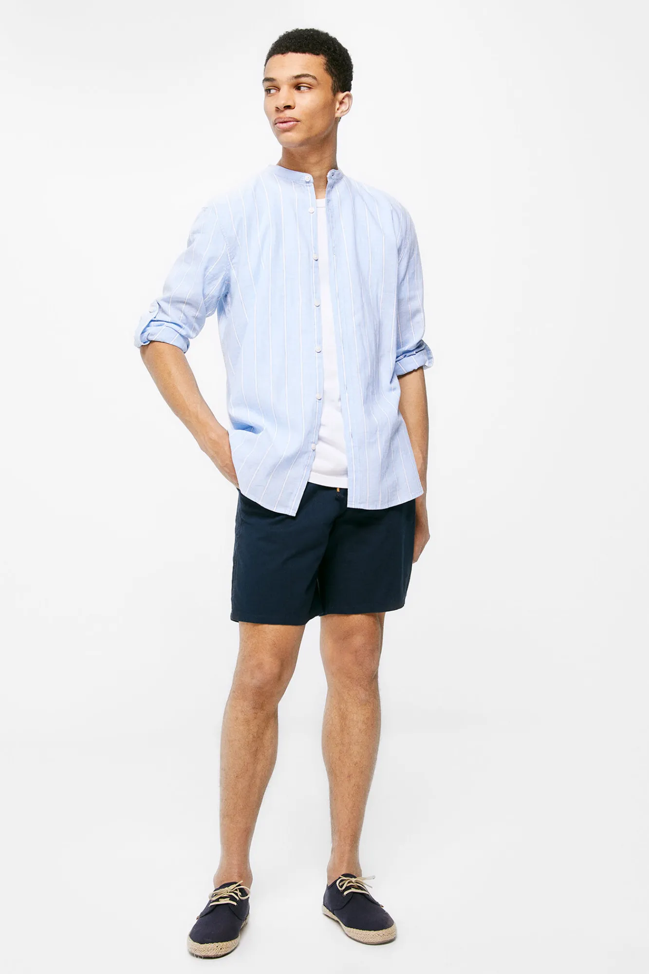 * Camisa Lino Rayas Azul Claro Hot