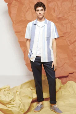 * Camisa Lino Rayas Azul Medio Hot