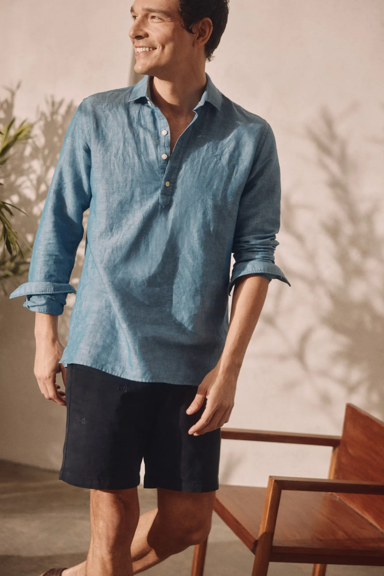 Ooto Camisa Polera Lino Manga Larga Azul Online