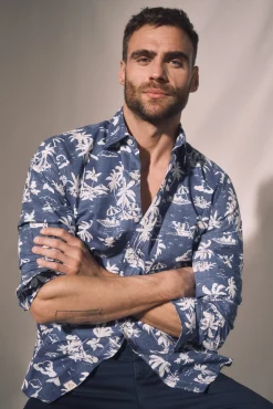 Ooto Camisa Slim Estampada Palmeras  Azul New