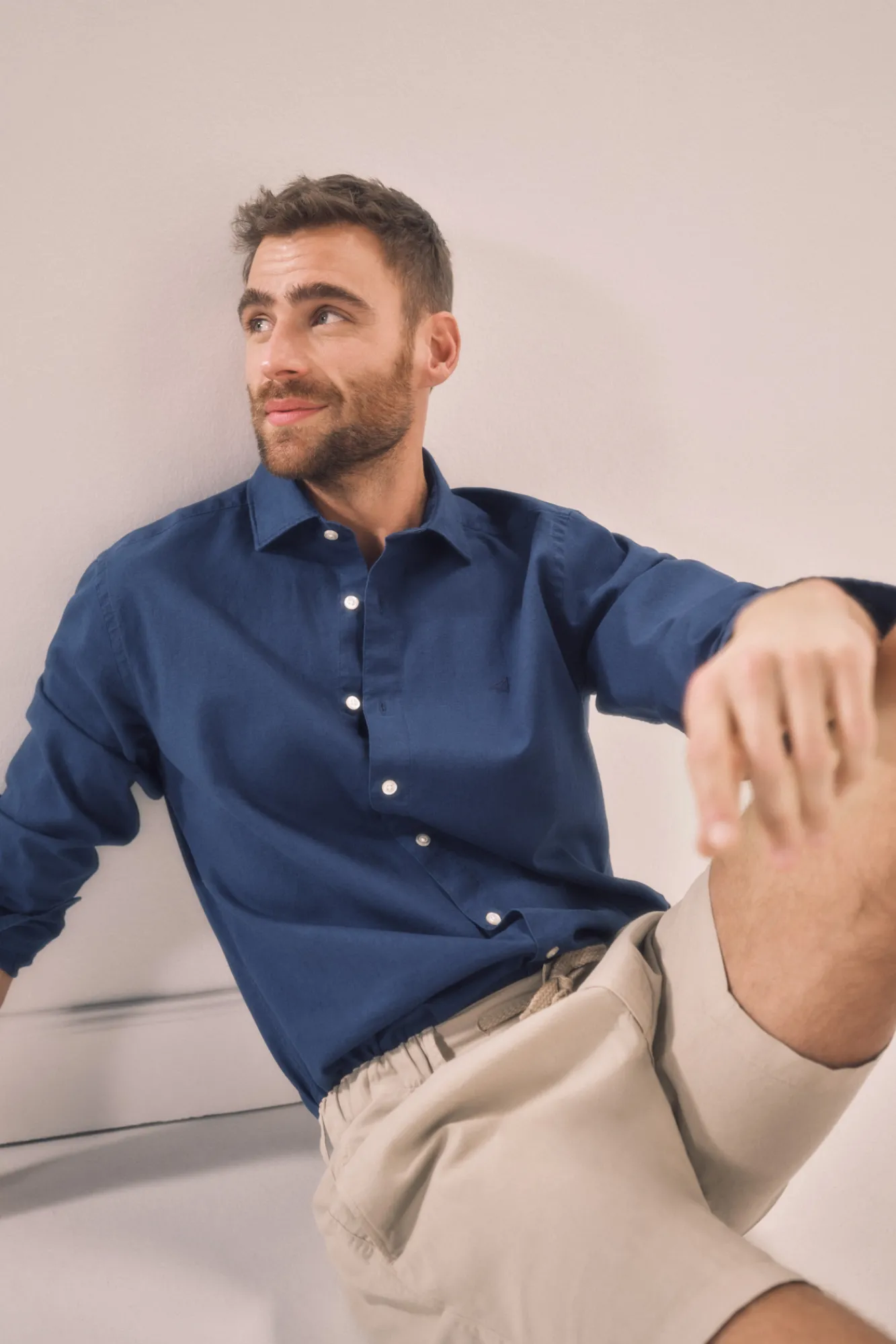 Ooto Camisa Slim Lino Manga Larga Azul Oscuro Sale