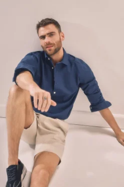 Ooto Camisa Slim Lino Manga Larga  Azul Oscuro Sale