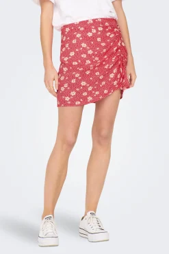 Only Falda Corta Fruncida Estampada Rojo Online