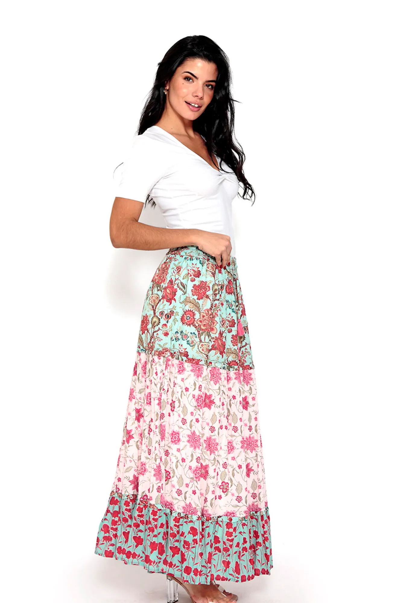 Brave Soul Falda Larga Tricolor Con Estampado De Flores Estampado Turquesa