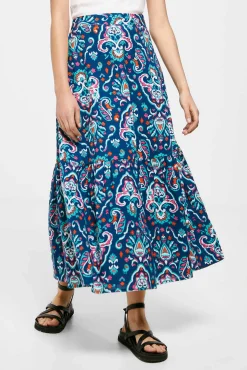 * Falda Larga Volante Estampada Lino Algodon Azul Medio Outlet