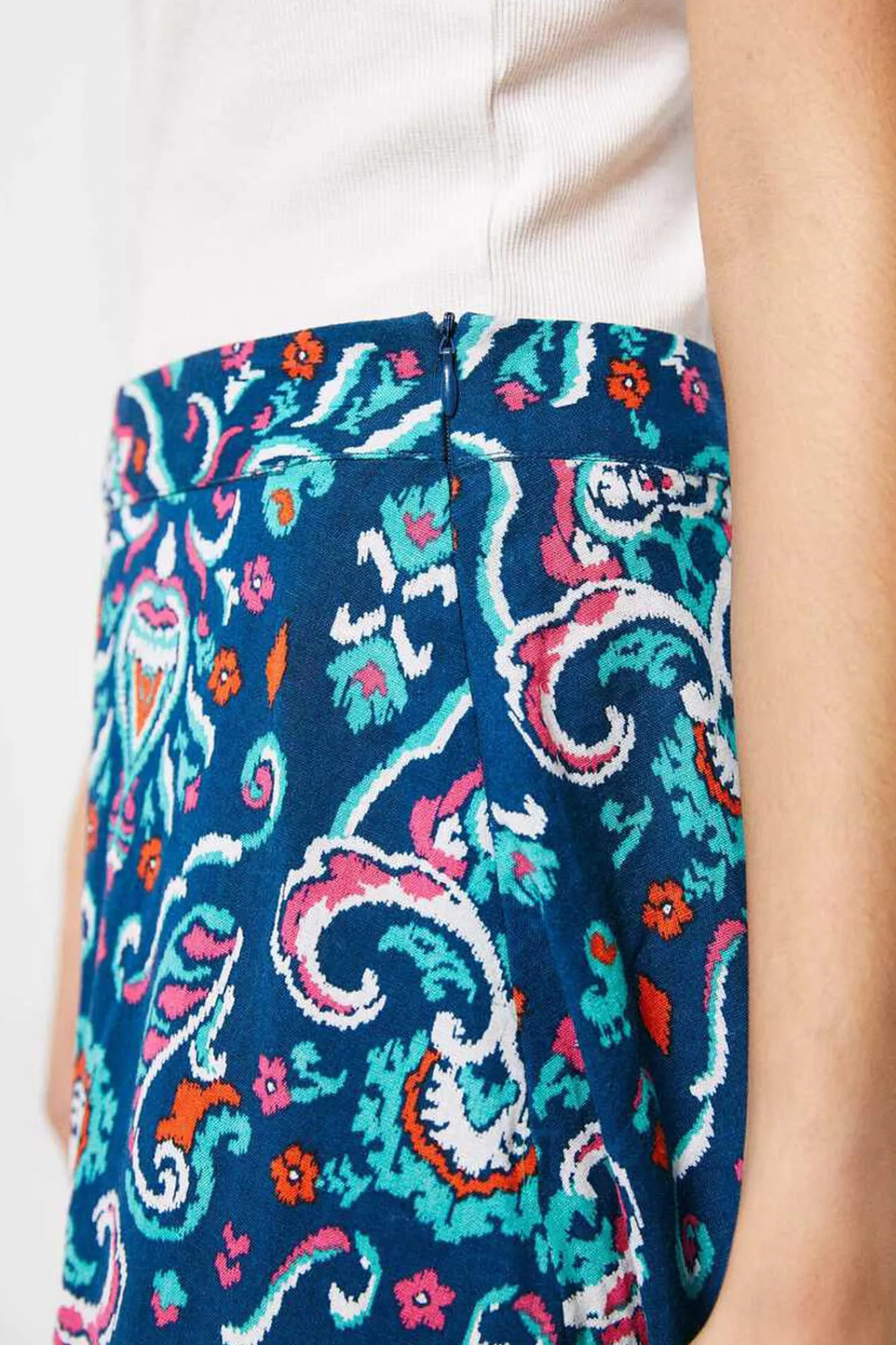 * Falda Larga Volante Estampada Lino Algodon Azul Medio Outlet