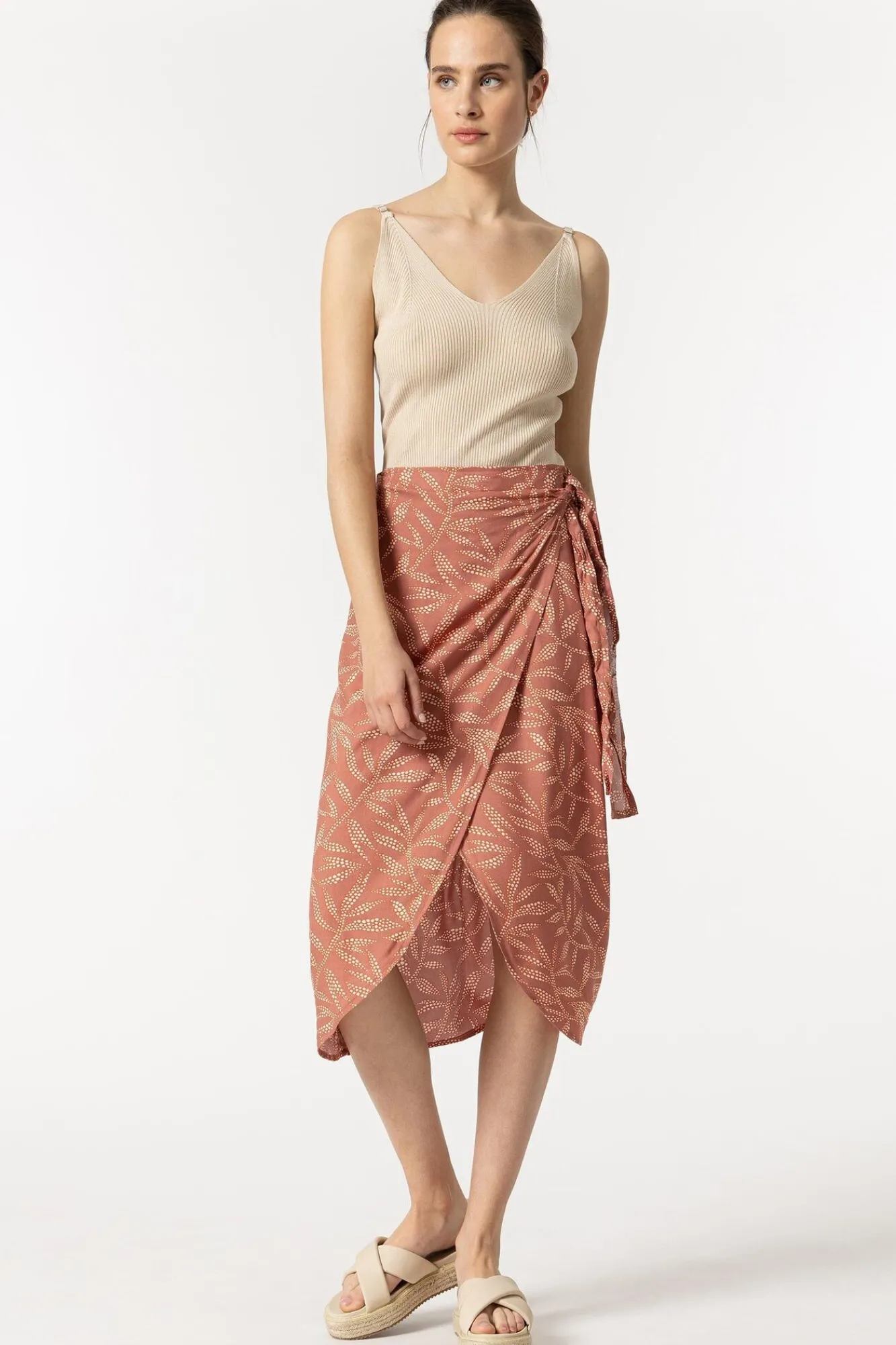Tiffosi Falda Midi Cruzada Con Nudo Estampada Naranja Discount