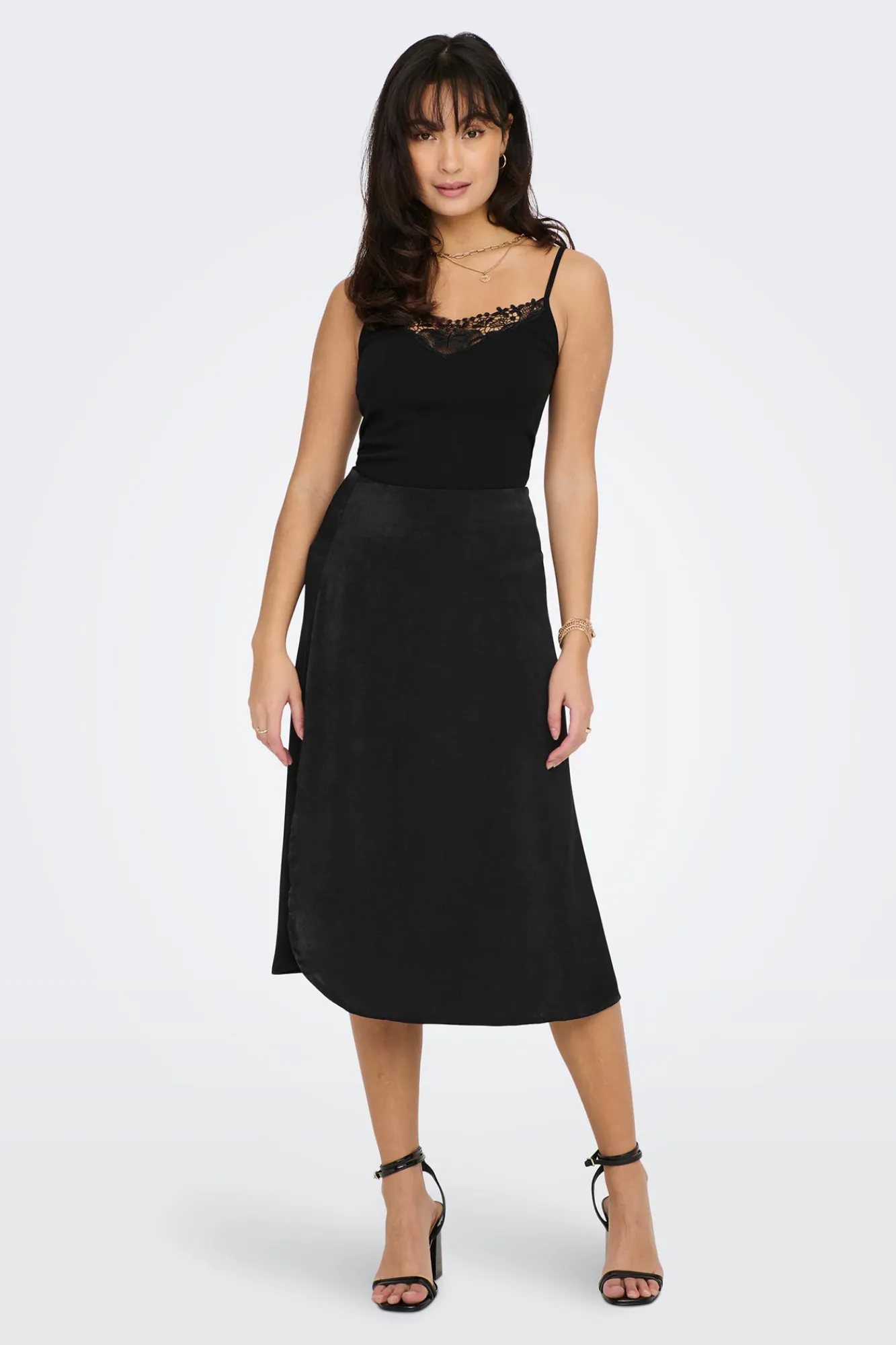 Only Falda Midi Satinada Negro Online
