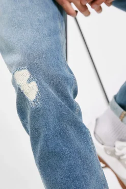 * Jeans Slim Lavado Medio Ensuciado Rotos Reparados Turquesa Discount