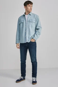 * Jeans Slim Lavado Oscuro Ensuciado Turquesa