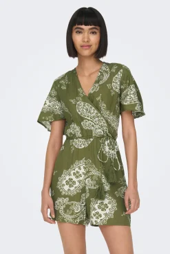 Only Mono Corto Algodon Y Lino Verde Outlet