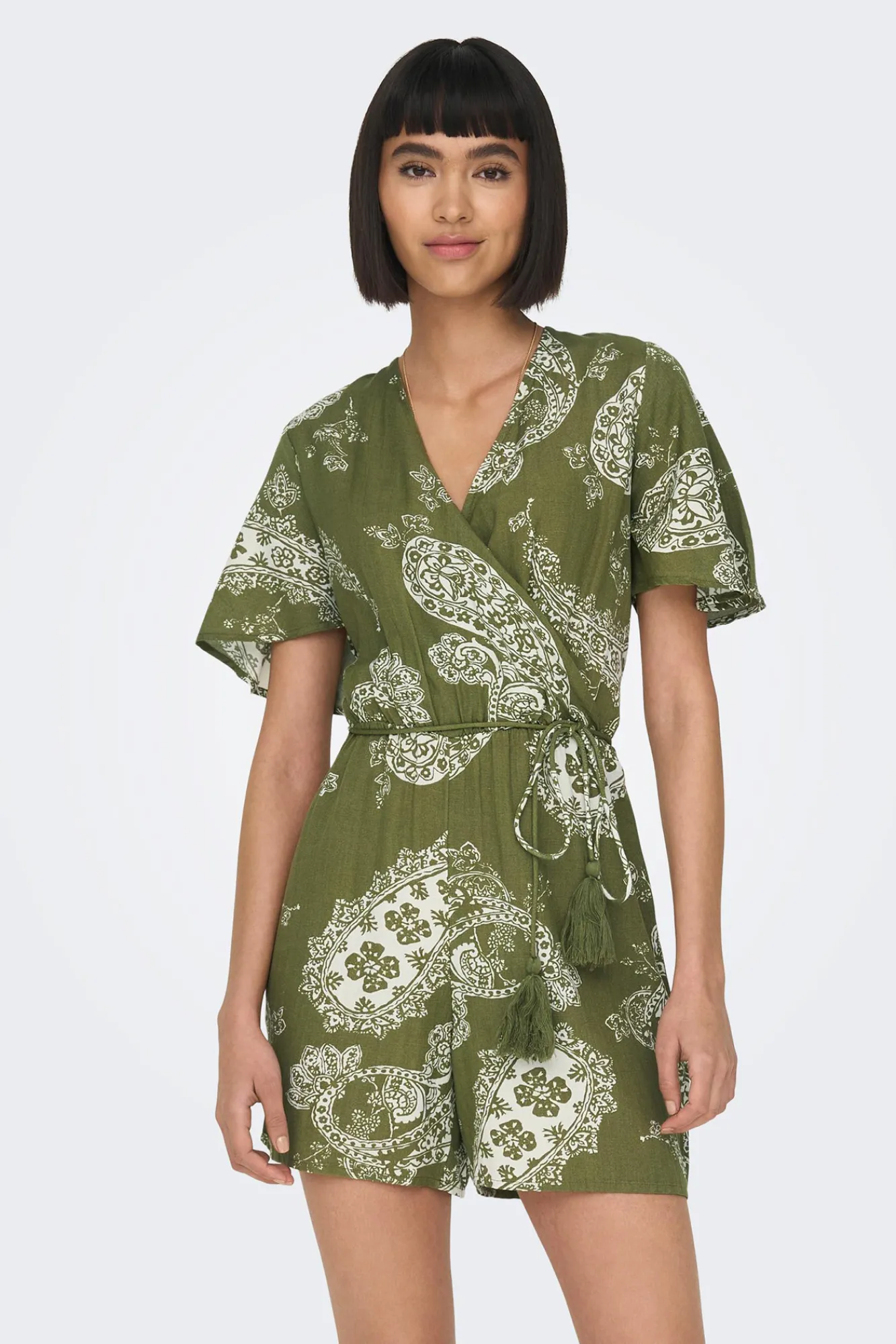 Only Mono Corto Algodon Y Lino Verde Outlet