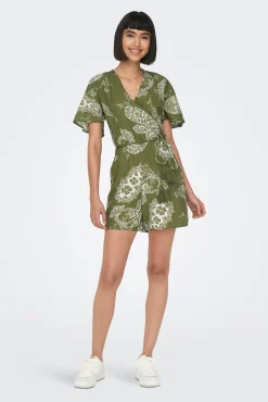 Only Mono Corto Algodon Y Lino Verde Outlet