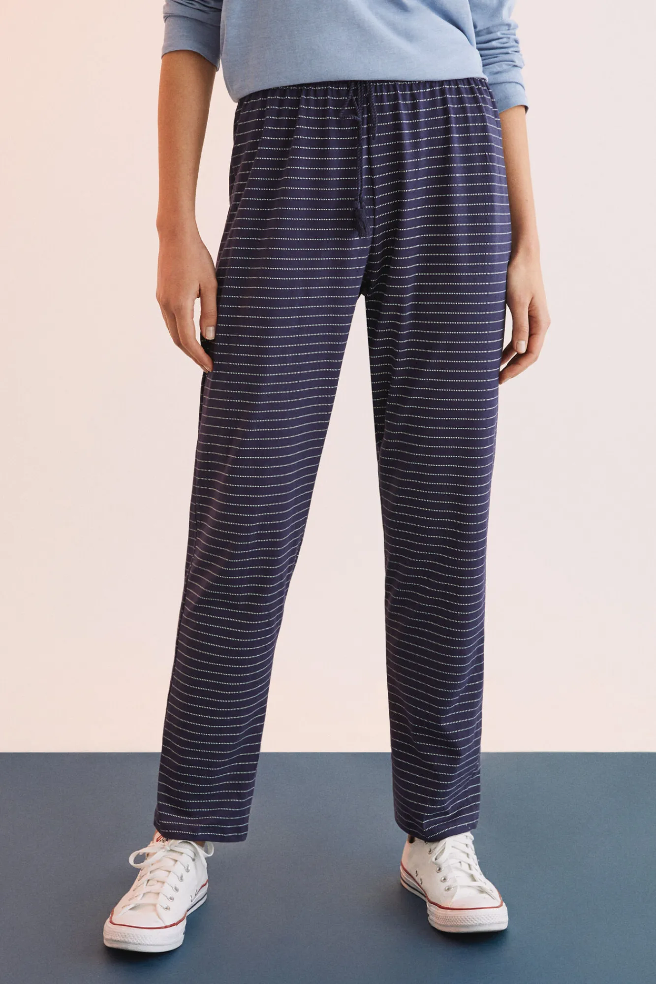 Women'secret Pantalon Largo 100% Algodon Estampado Rayas Azul New