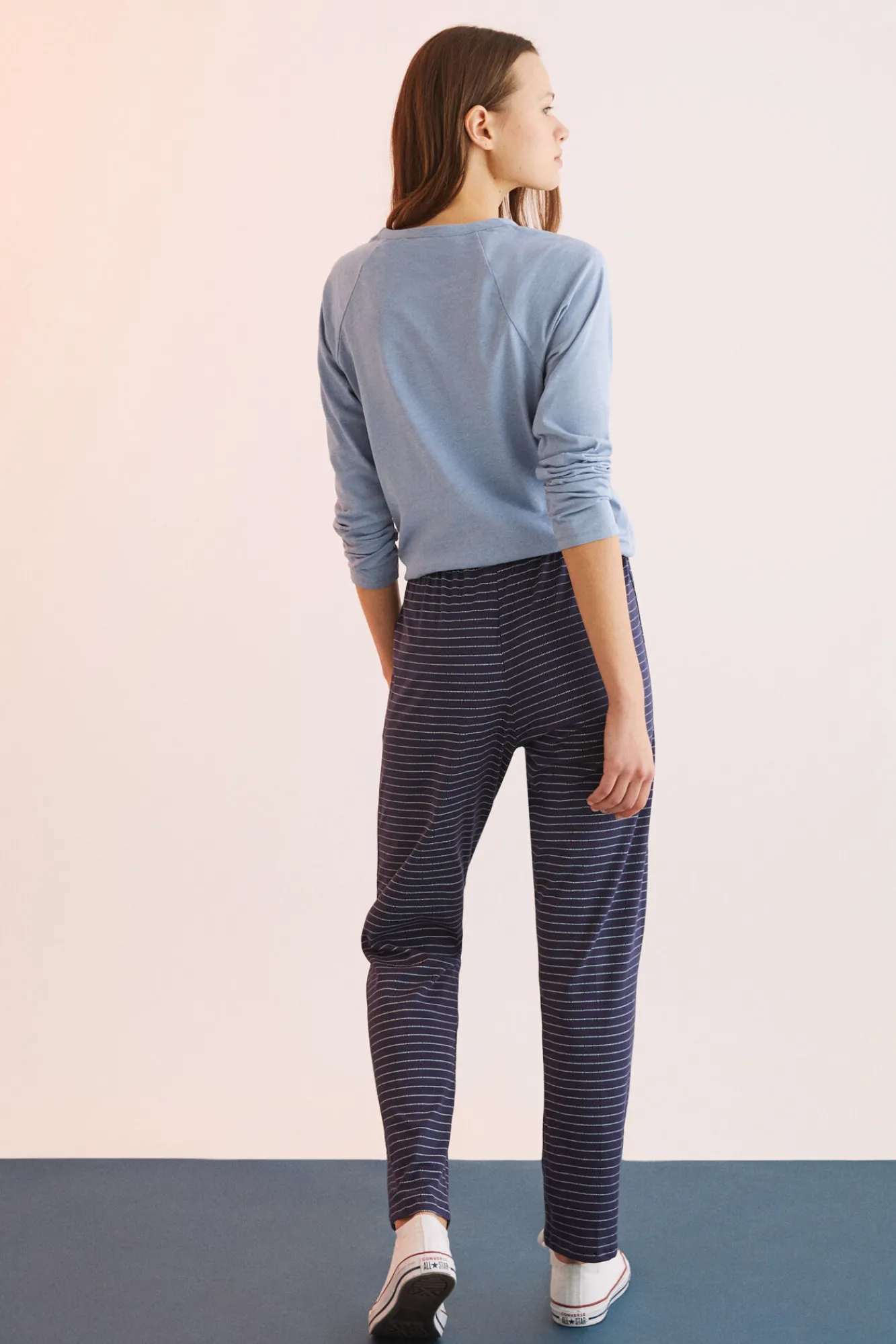 Women'secret Pantalon Largo 100% Algodon Estampado Rayas Azul New