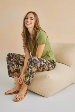 Women'secret Pantalon Largo Recto Estampado Negro Verde Sale