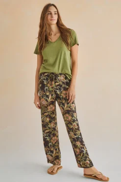 Women'secret Pantalon Largo Recto Estampado Negro Verde Sale