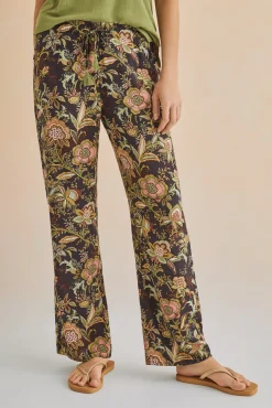 Women'secret Pantalon Largo Recto Estampado Negro Verde Sale