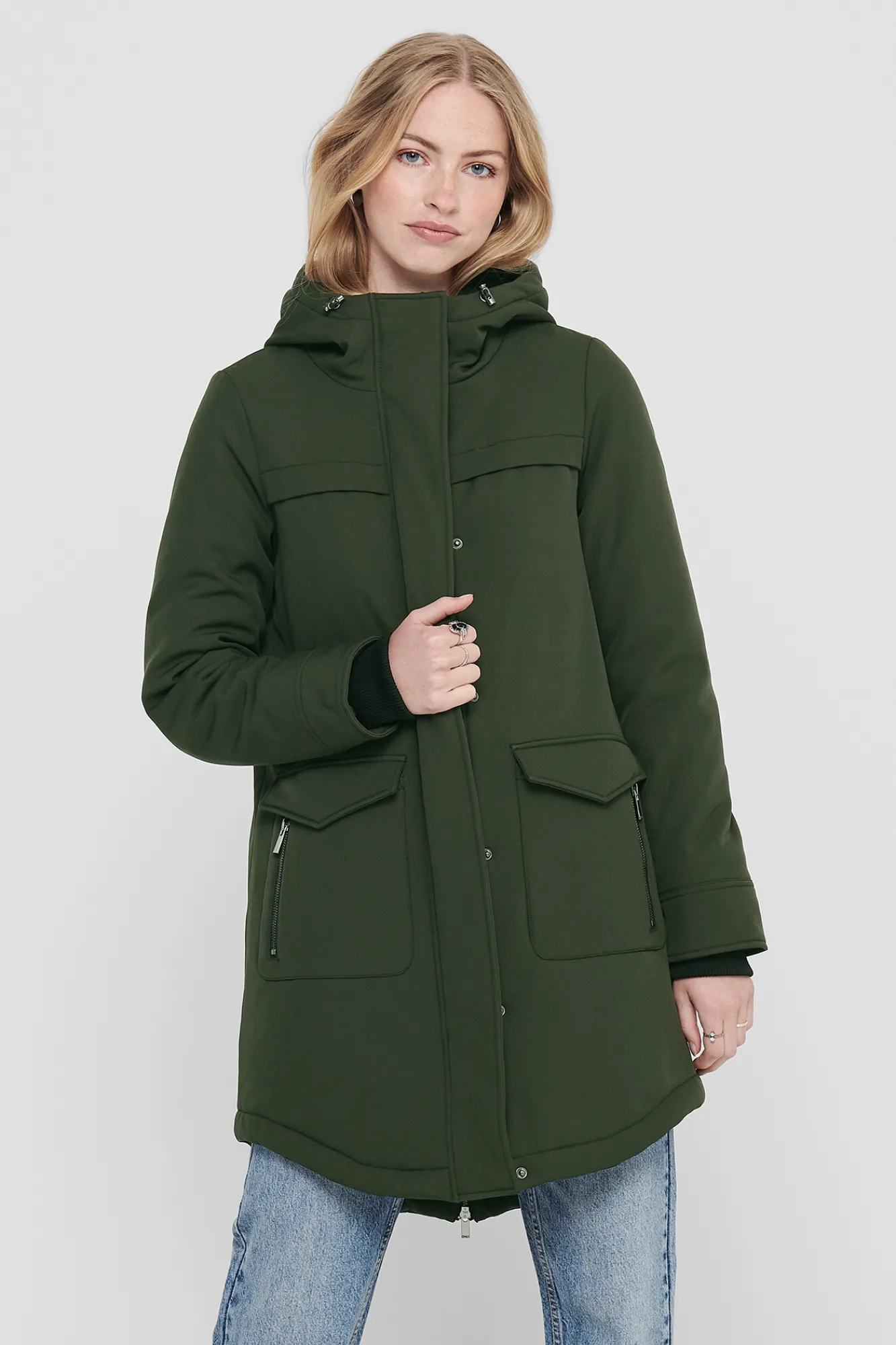 Only Parka 3/4 Bolsillos Con Capucha Verde