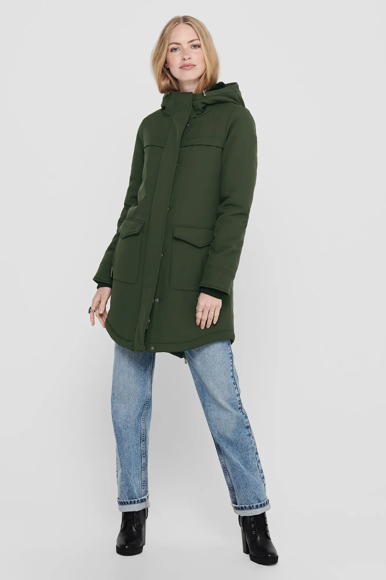 Only Parka 3/4 Bolsillos Con Capucha Verde