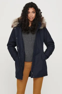 Only Parka Con Capucha Con Pelo Y Bolsillos Azul Medio Sale