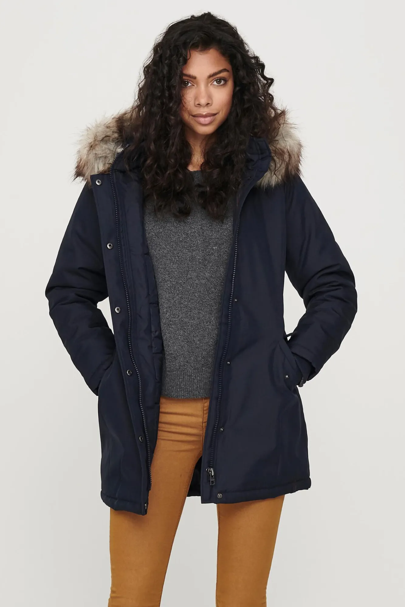 Only Parka Con Capucha Con Pelo Y Bolsillos Azul Medio Sale