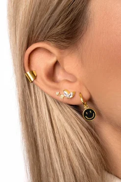 Singularu Pendientes Aro Smiley Black Enamel Oro Amarillo