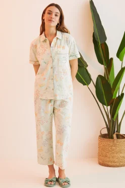 Women'secret Pijama Camisero 100% Algodon Verde Flores Estampado New