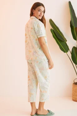 Women'secret Pijama Camisero 100% Algodon Verde Flores Estampado New