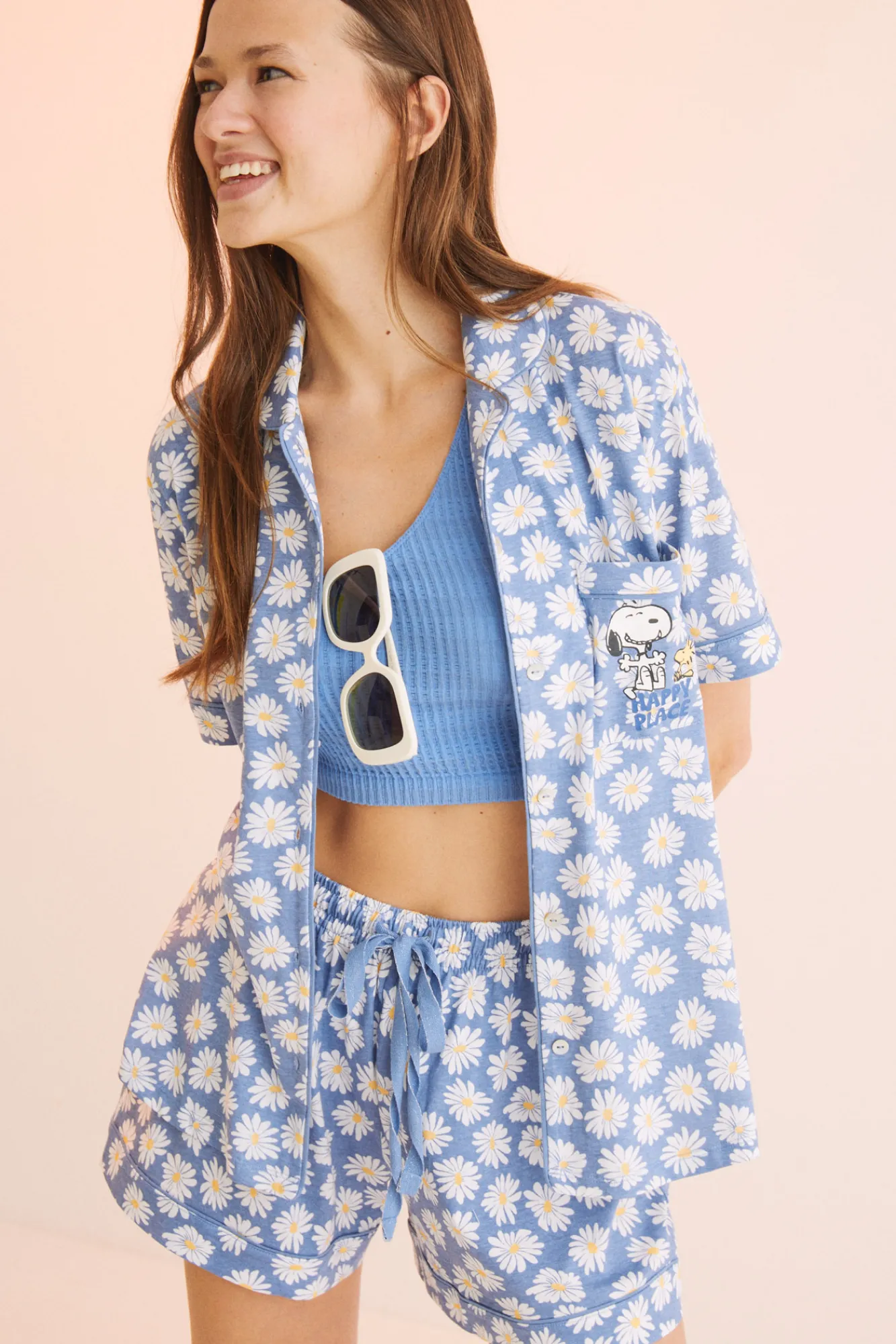 Women'secret Pijama Camisero Corto 100% Algodon Snoopy Flores Azul Discount