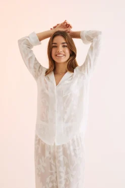 Women'secret Pijama Camisero Largo Jacquard Blanco Beige Clearance