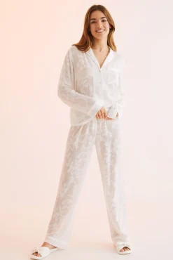 Women'secret Pijama Camisero Largo Jacquard Blanco Beige Clearance